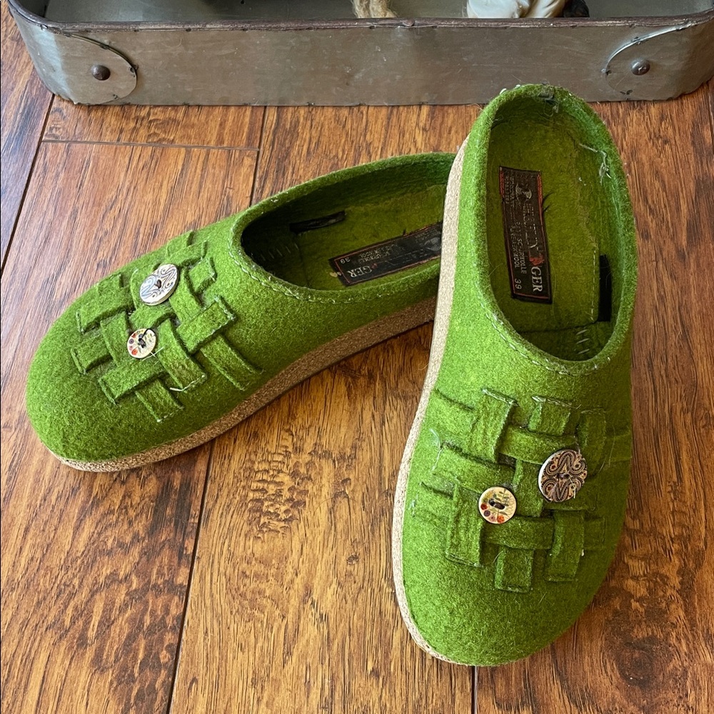 Haflinger Grizzly Wool Grass Green Weave Button Clog Shoes Size 39 EU 8 US